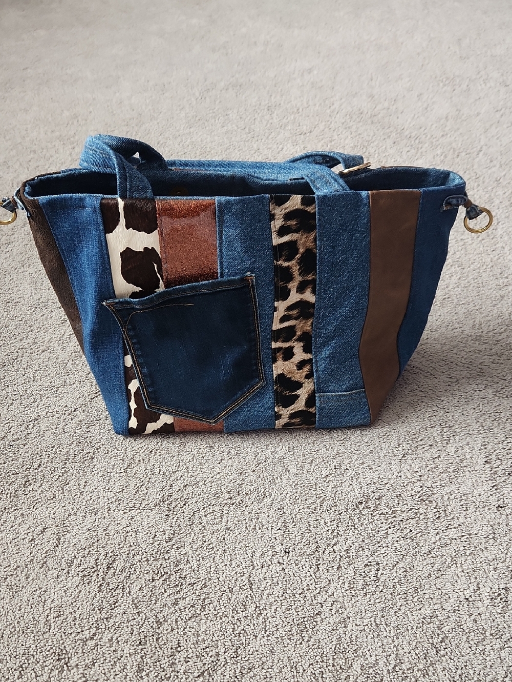 Denim Patchwork Tote with Animal & Metallic Accents